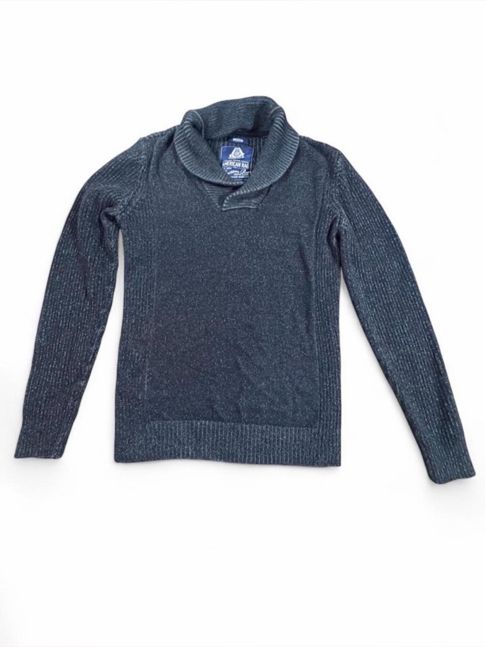 American Rag Charcoal Gray Ribbed Knit Shawl Collar Sweater Men's Medium 100% Co